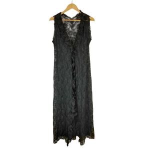 Glydons Vintage Black Floral Lace Sleeveless Nylon Duster Robe Size Medium